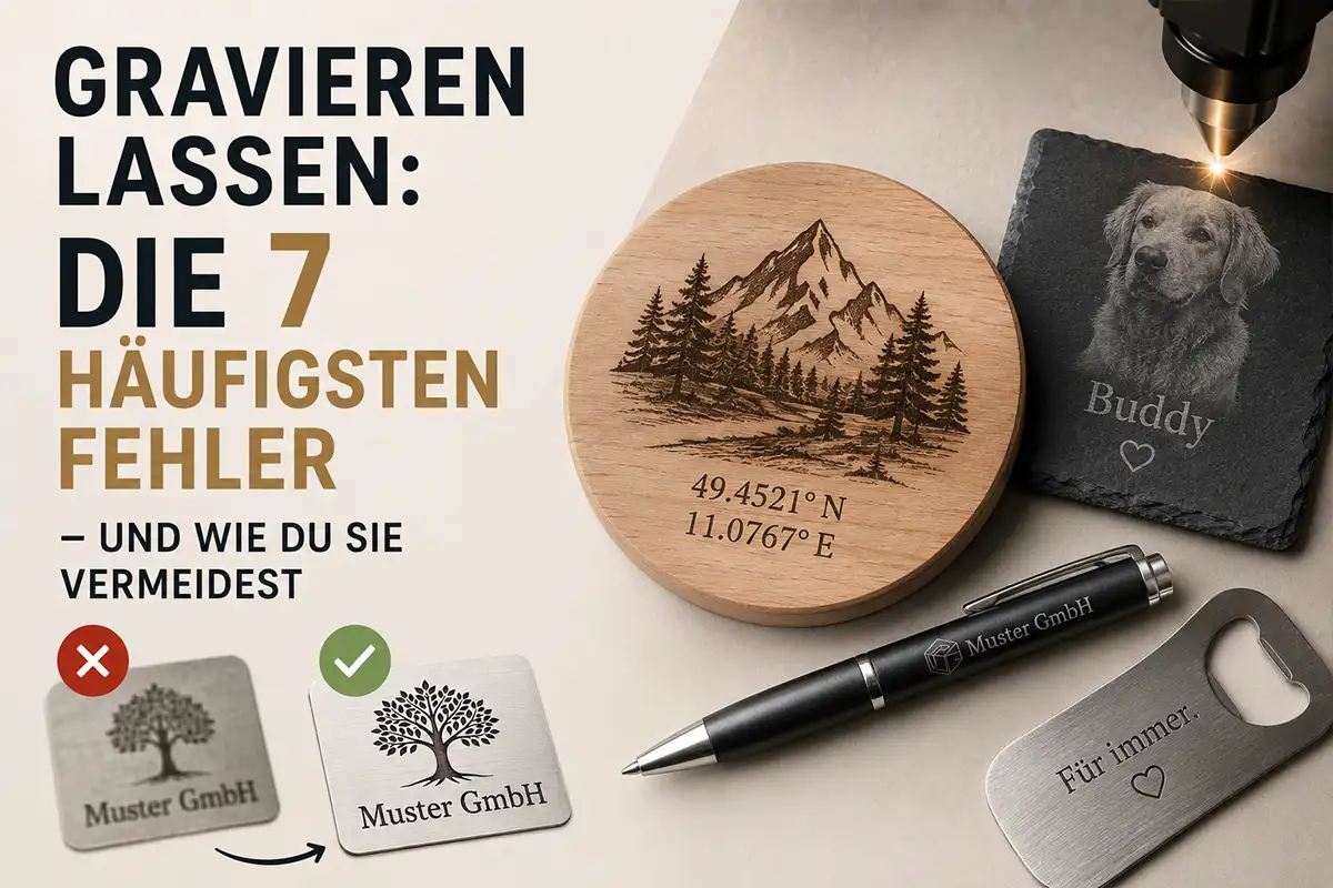 Verschiedene Lasergravur-Beispiele: Holzuntersetzer mit Bergmotiv und Koordinaten, Schieferplatte mit Fotogravur eines Hundes, gravierter Kugelschreiber und Flaschenöffner mit Firmenlogo