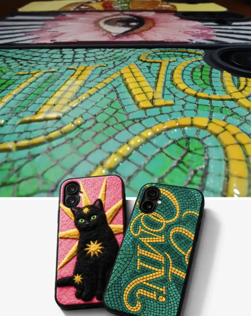 Bedruckte Handyhüllen mit buntem Fotomotiv und Mosaik-Design – UV-Druck CreaBlond Nürnberg