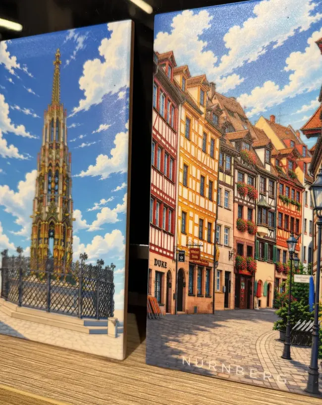 Bedruckte Fliesen mit Nürnberg-Motiven: Schöner Brunnen und Altstadt-Gasse – UV-Druck CreaBlond Nürnberg