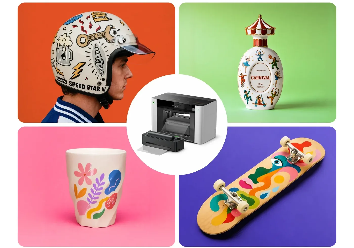 UV-Druck Beispiele: bedruckter Helm, Flasche, Becher und Skateboard mit UV-DTF-Stickern – CreaBlond Nürnberg