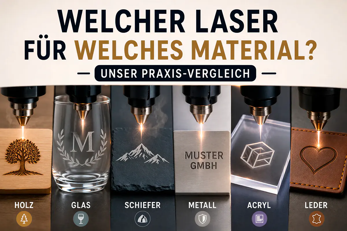 Sechs Materialien unter dem Laser im Vergleich: Holz, Glas, Schiefer, Metall, Acryl und Leder – welcher Laser für welches Material